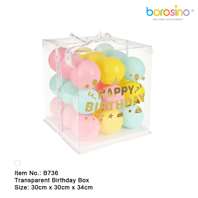 Boite transparente Happy Birthday de 30x30x34 BLANC