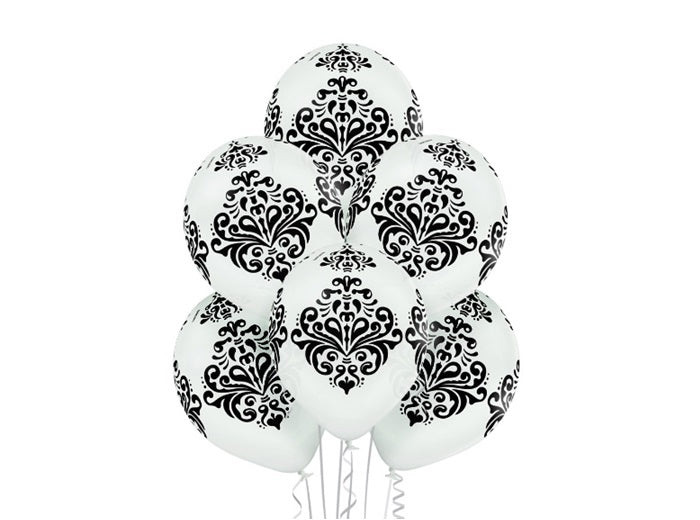 lot de 6 ballons de fête blanc motif damas noir 30cm