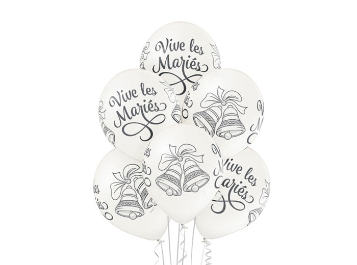 lot de 6 ballons de fête blanc motif vive les mariés mix ii