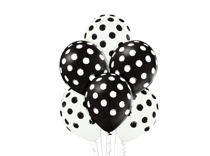 lot de 6 ballons de fête motifs pois point noir blanc mix