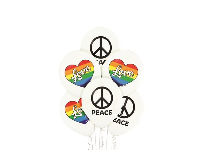 lot de 6 ballons de fête blanc motifs peace & love mix