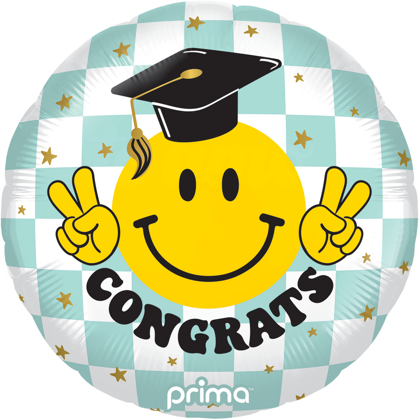 18” Round Congrats Smile Face Grad Checker - Prima