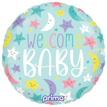 1 Ballon Aluminium Round Welcome Baby Moons & Stars 18