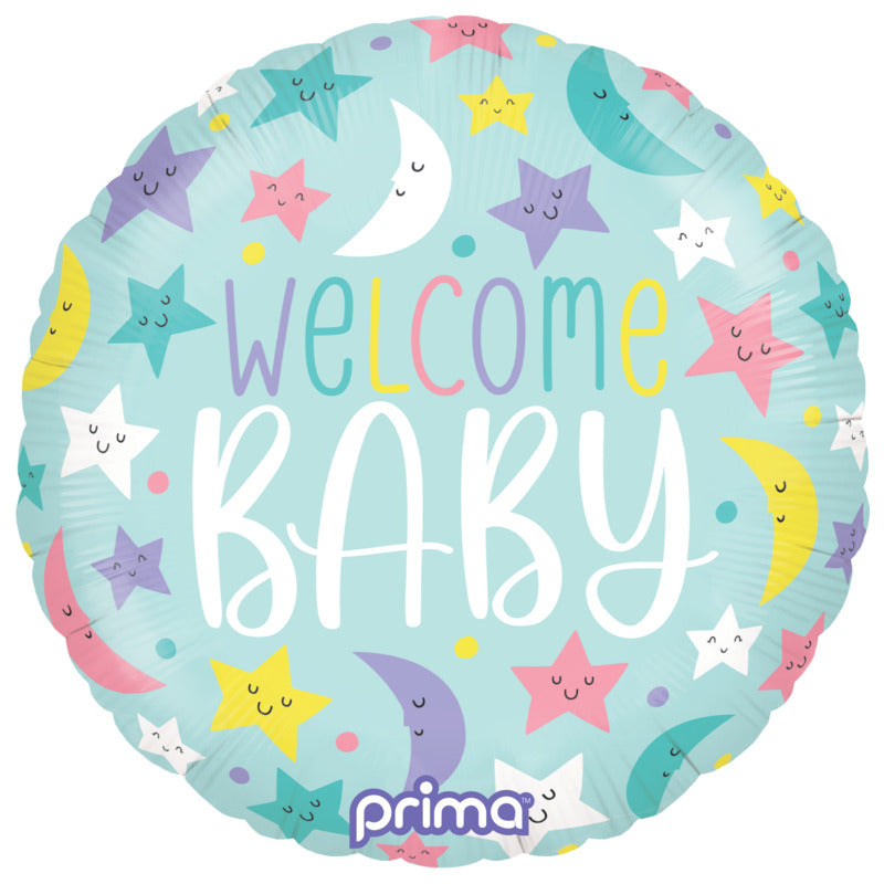 1 Ballon Aluminium Round Welcome Baby Moons & Stars 18