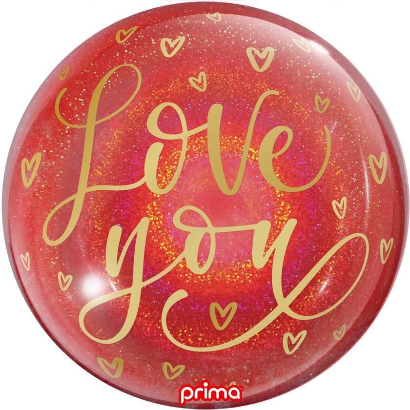 1 Ballon Sphere love you gold hearts red Glitter 20” - Prima