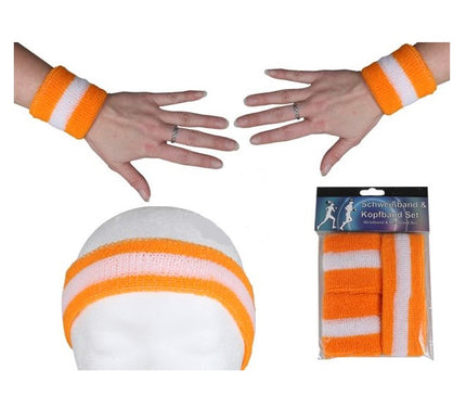 set bandeau et bracelets éponge néon orange & blanc 3pcs