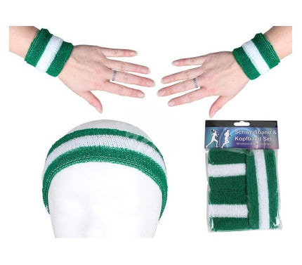 set bandeau et bracelets éponge vert fonçé & blanc 3pcs