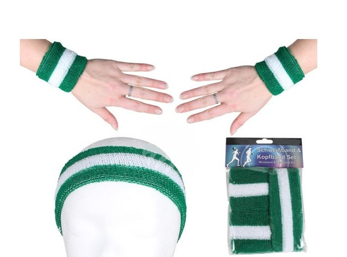 set bandeau et bracelets éponge vert fonçé & blanc 3pcs