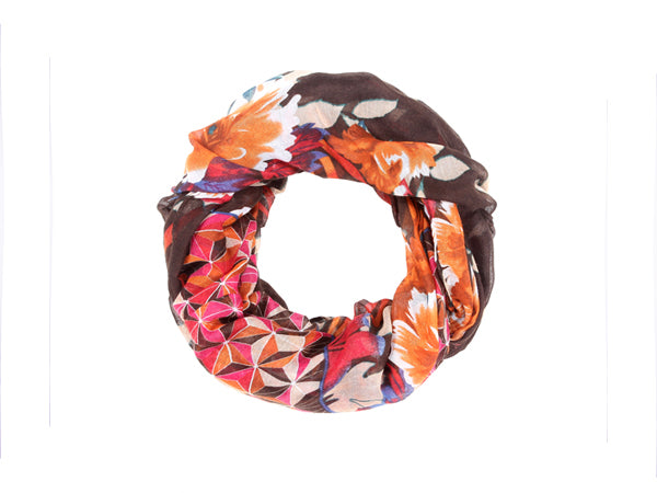 foulard tube motif fleurs brun/orange/rose