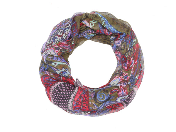 foulard tube motif cachemire kaki/rouge/violet
