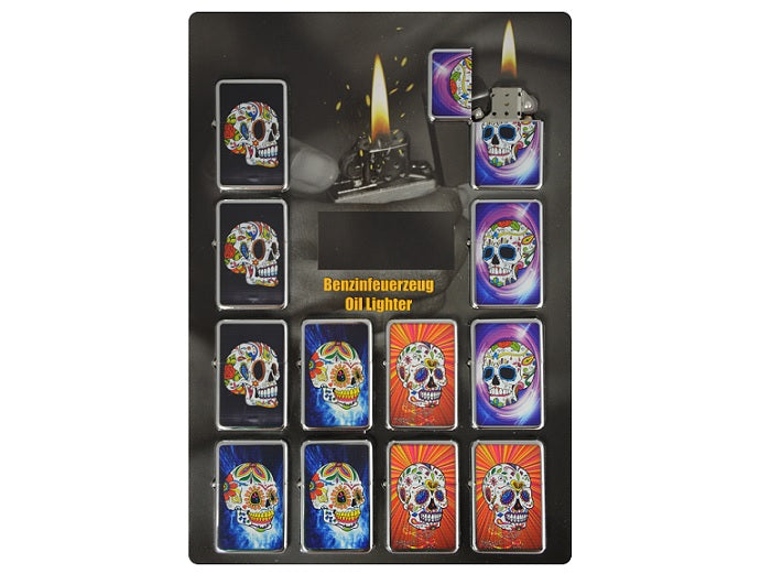 briquet à essence métal motifs crânes colorés mix