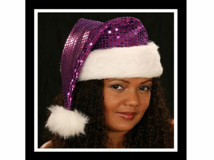 bonnet de noël paillettes rondes et moumoute violet
