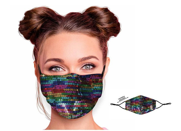 masque textile réglable motif sequins rainbow