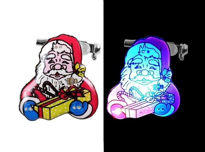 badge led père noël avec paquet-cadeau