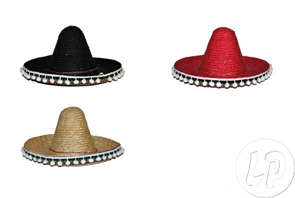 sombrero en paille noir & pompons blancs 50cm