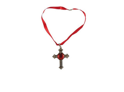 collier ruban rouge avec croix et fausse pierre 14cm