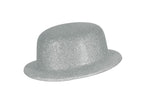 chapeau melon en pvc à paillettes argent 10cm