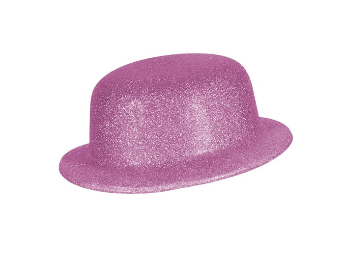 chapeau melon en pvc à paillettes rose 10cm