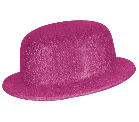 chapeau melon en pvc à paillettes fuchsia