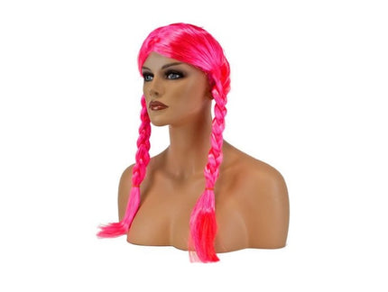perruque cheveux longs avec couettes fluo rose