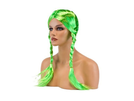 perruque cheveux longs avec couettes fluo vert