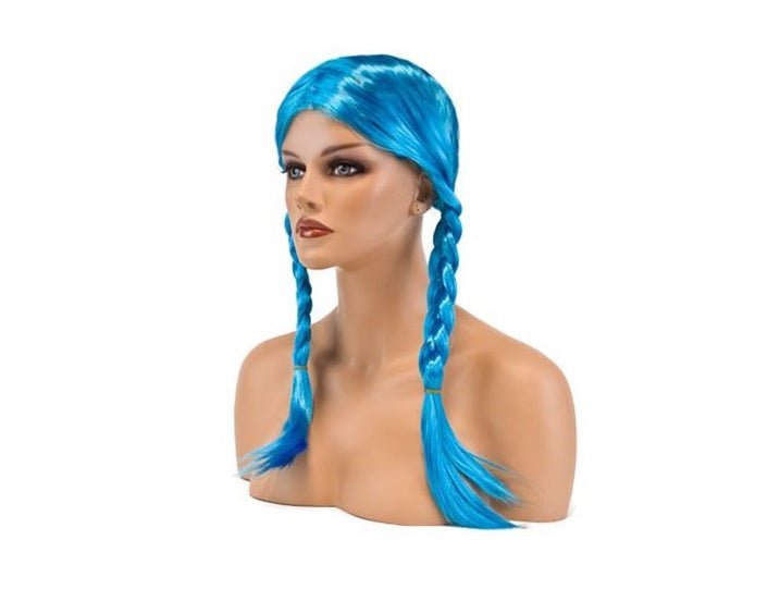 perruque cheveux longs avec couettes fluo bleu