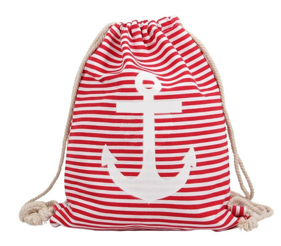 sac à dos de plage marin rayé rouge/blanc & ancre blanc 42x34cm