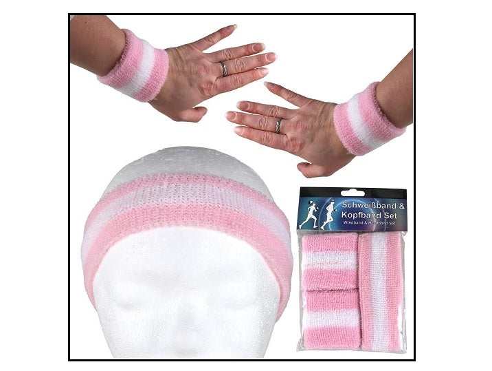 set bandeau et bracelets éponge rose & blanc 3pcs