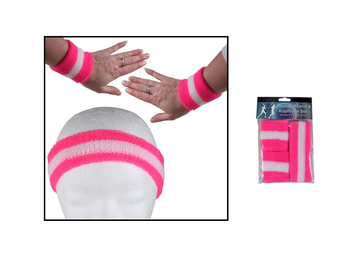 set bandeau et bracelets éponge néon rose & blanc 3pcs