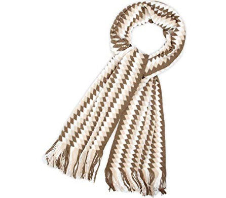 écharpe tricot motifs losanges brun beige blanc