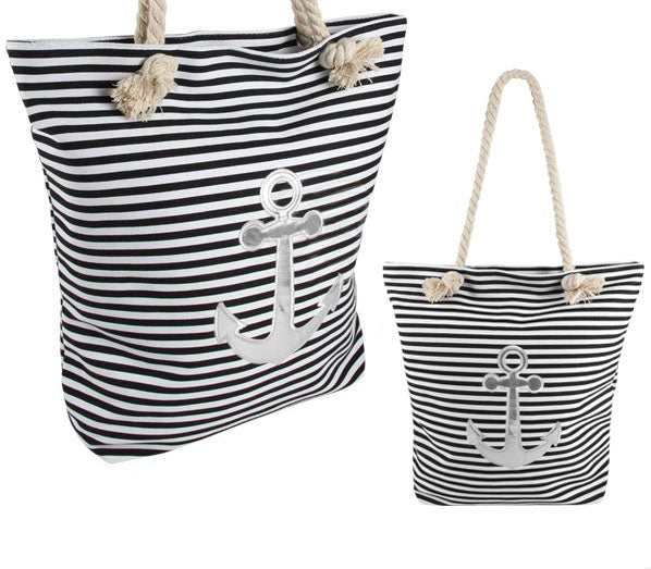sac de plage marin rayé noir/blanc & ancre argent 40x39cm