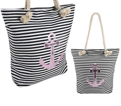 sac de plage marin rayé noir/blanc & ancre rose 40x39cm