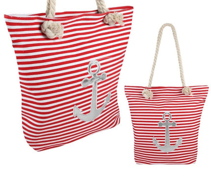 sac de plage marin rayé rouge/blanc & ancre argent 40x39cm