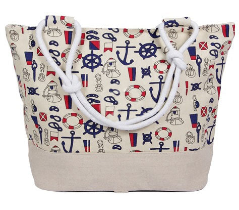 sac de plage beige avec motifs marins 50x35cm