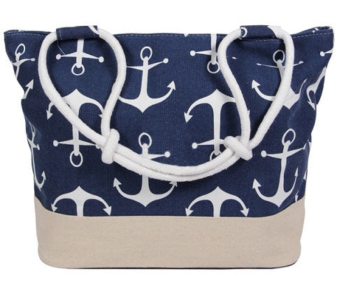 sac de plage bleu/blanc avec motifs ancres 48x35cm