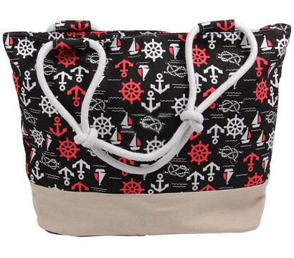 sac de plage noir avec motifs marins 50x35cm