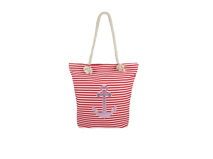 sac de plage marin rayé rouge/blanc & ancre rose 40x39cm
