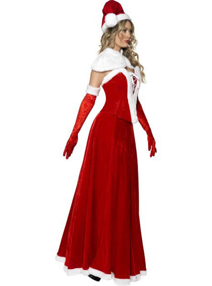 Déguisement de Mère Noël Luxury | une longue jupe rouge élégante à frange blanche, un corset, une pèlerine blanche originale autour du cou, de longs gants , un bonnet | J2F Shop
