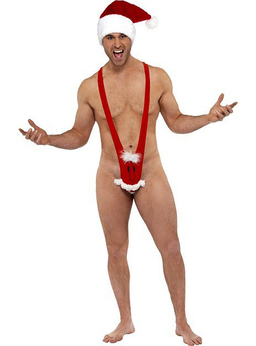 Déguisement Santa Kini | un maillot de bain sexy de style Borat en rouge avec duv, blanc , un visage dessiné | J2F Shop