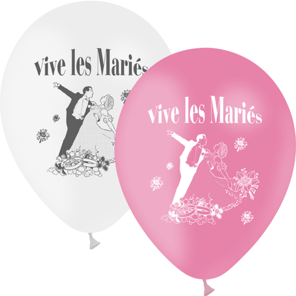 10 Ballons Latex HG95 Vive les Mariés Blanc/Rose - PMS
