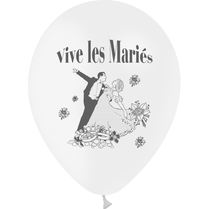 10 Ballons Latex HG95 Vive les Mariés Couple Blanc - PMS