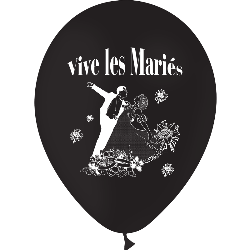 10 Ballons Latex HG95 Vive les Mariés Couple Noir - PMS