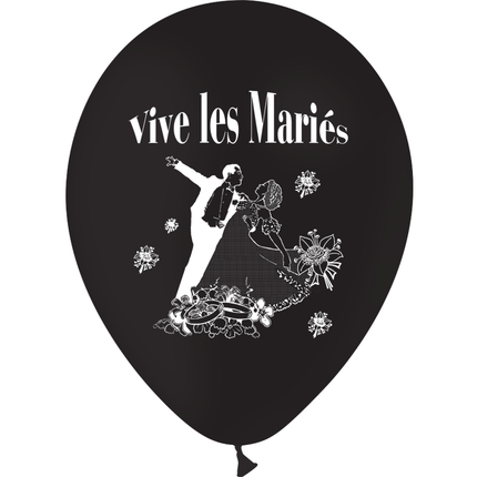 10 Ballons Latex HG95 Vive les Mariés Couple Noir - PMS