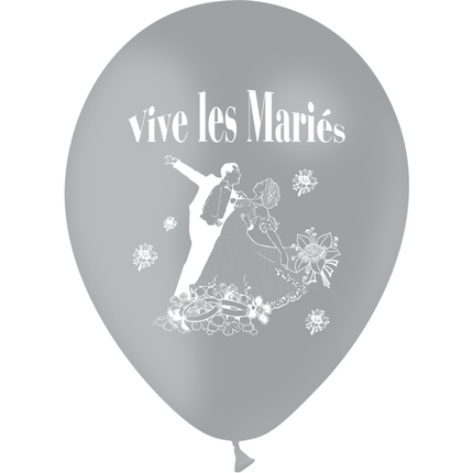10 Ballons Latex HG95 Vive les Mariés Couple Gris - PMS