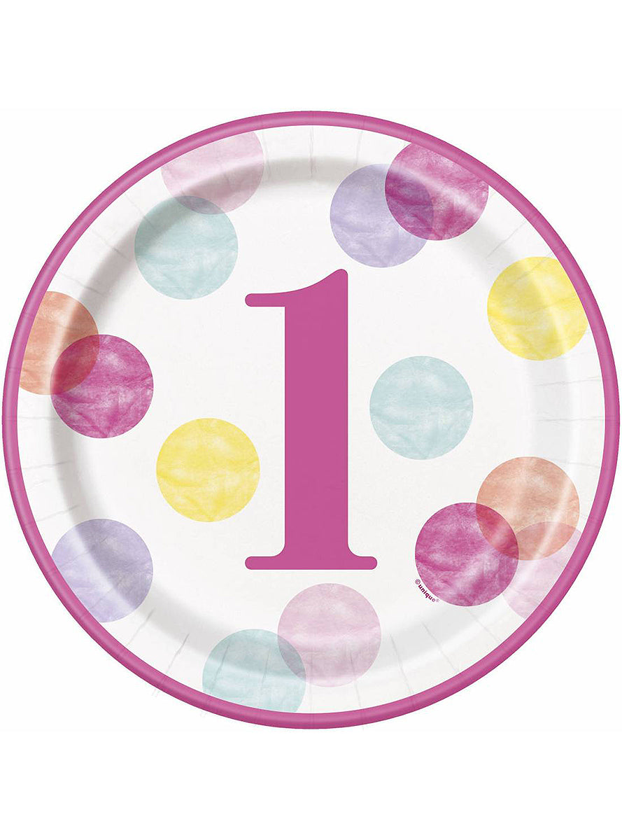8 assiettes roses premier anniversaire (23 cm) - Pink Dots 1st Birthday | 8 assiettes en carton de 23 cm | J2F Shop