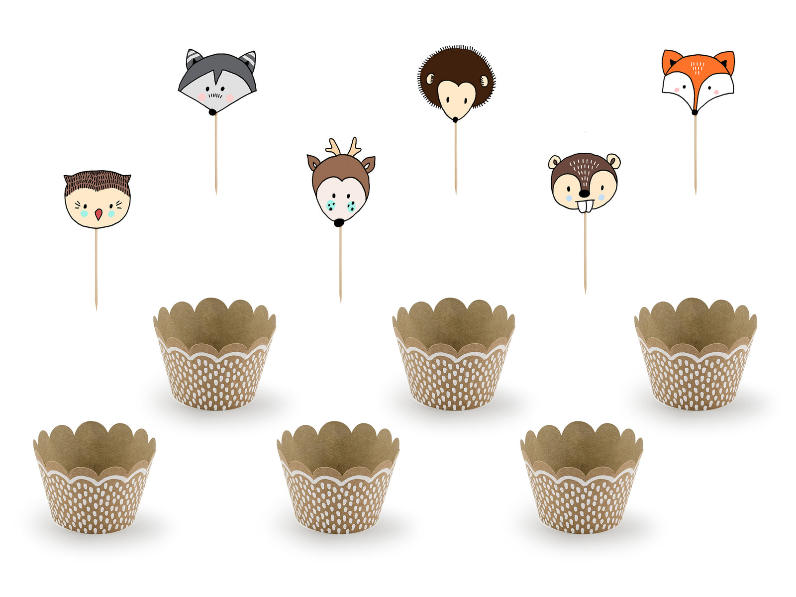6 moules à cupcakes en papier Kraft - Woodland | 6 moules à cupcakes, , 6 piques décoratifs de 5 x 7,5 x 5 cm | J2F Shop