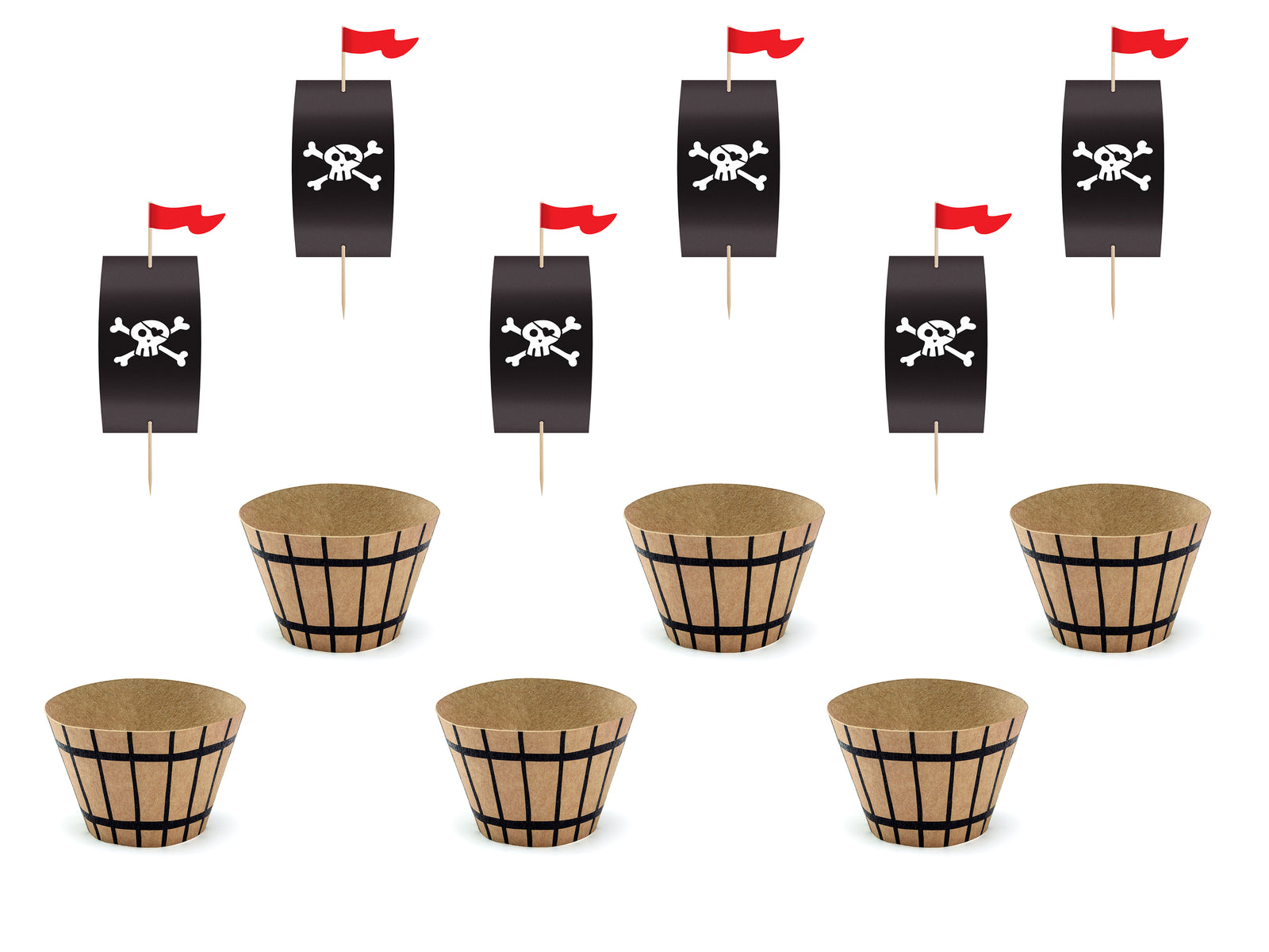 6 moules cupcakes pirates en carton - Pirates Party | 6 moules à cupcakes, , 6 piques décoratifs de 4,8 x 7,6 x 4,6 cm | J2F Shop