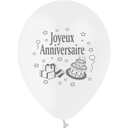 10 Ballons Latex HG95 Joyeux Anniversaire Blanc - PMS