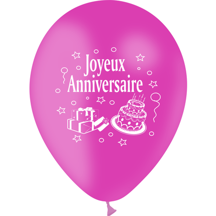 10 Ballons Latex HG95 Joyeux Anniversaire Fuschia - PMS
