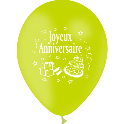 10 Ballons Latex HG95 Joyeux Anniversaire Limette - PMS
